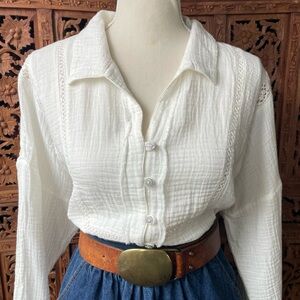 Lucky Brand White Flowey Cotton Gauze Lace Relaxed Boxy Button-Front Blouse Top